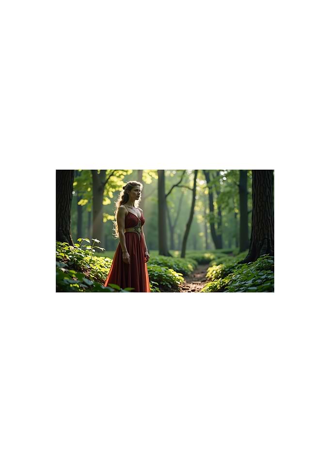 Woman in Red Dress in Forest