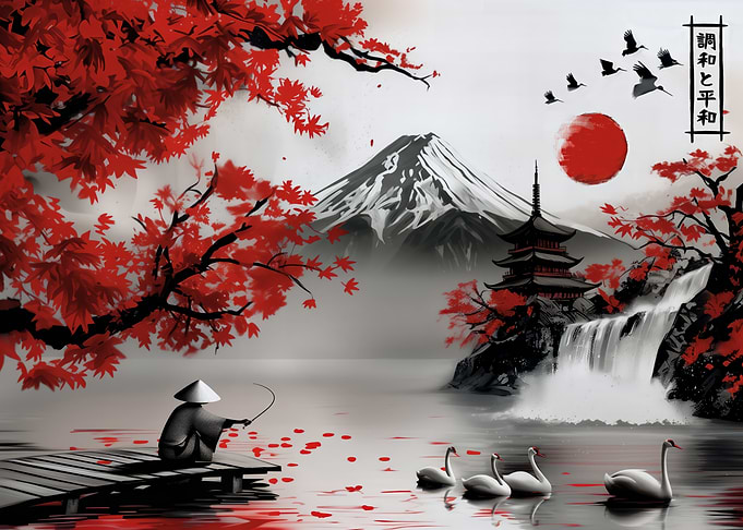 Japanese mountain tranquil ink wash