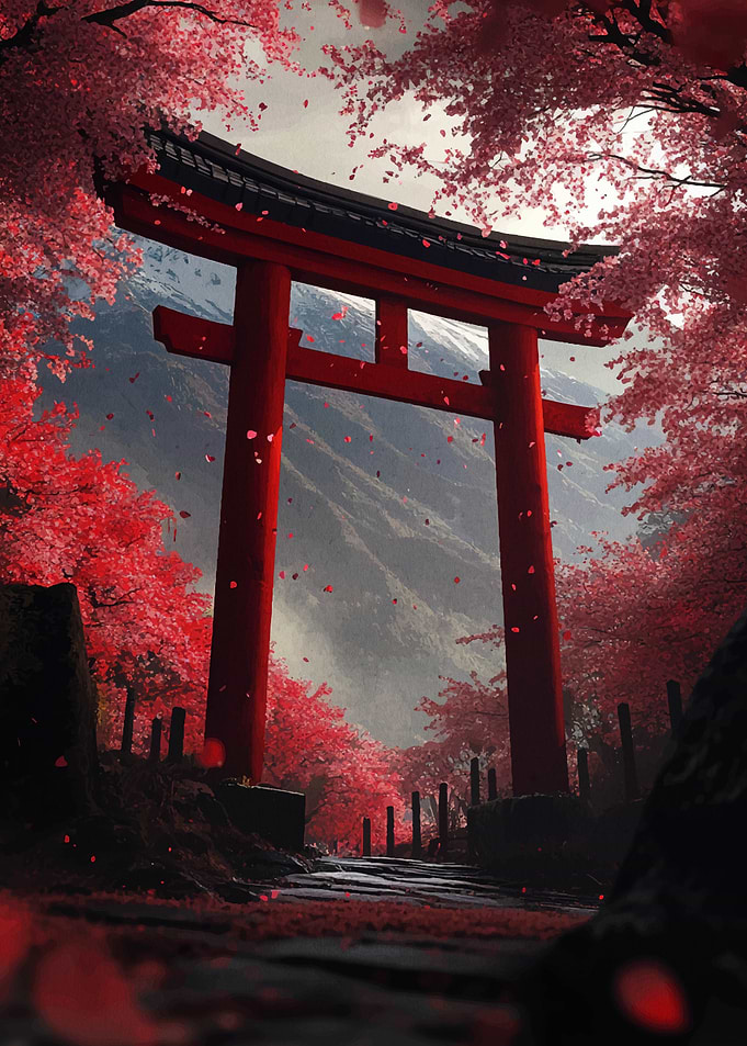 Red Torii Gate in Cherry Blossom Forest