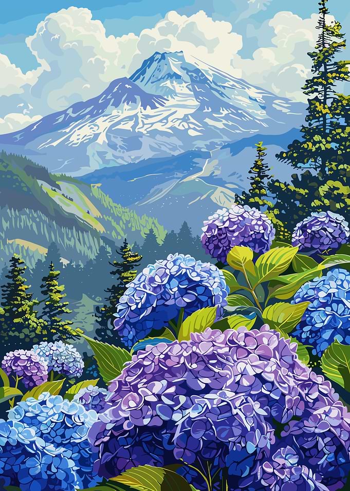 Mountain View with Hydrangeas
