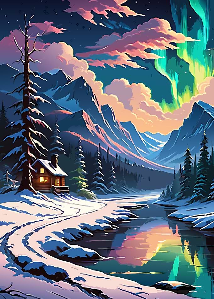 Cabin Under Aurora Borealis