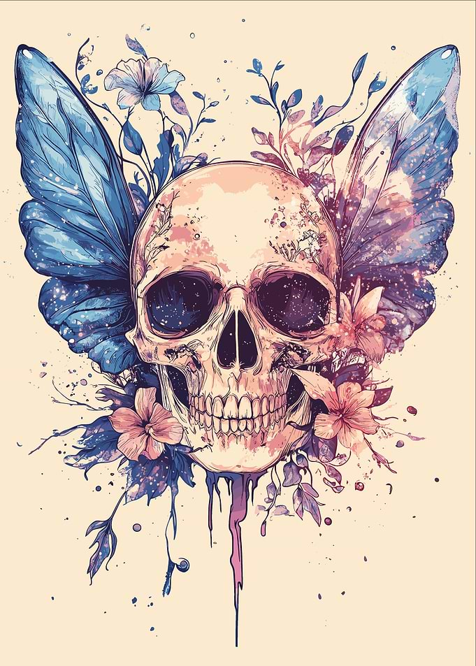 Floral Skull with Butterfly Wings