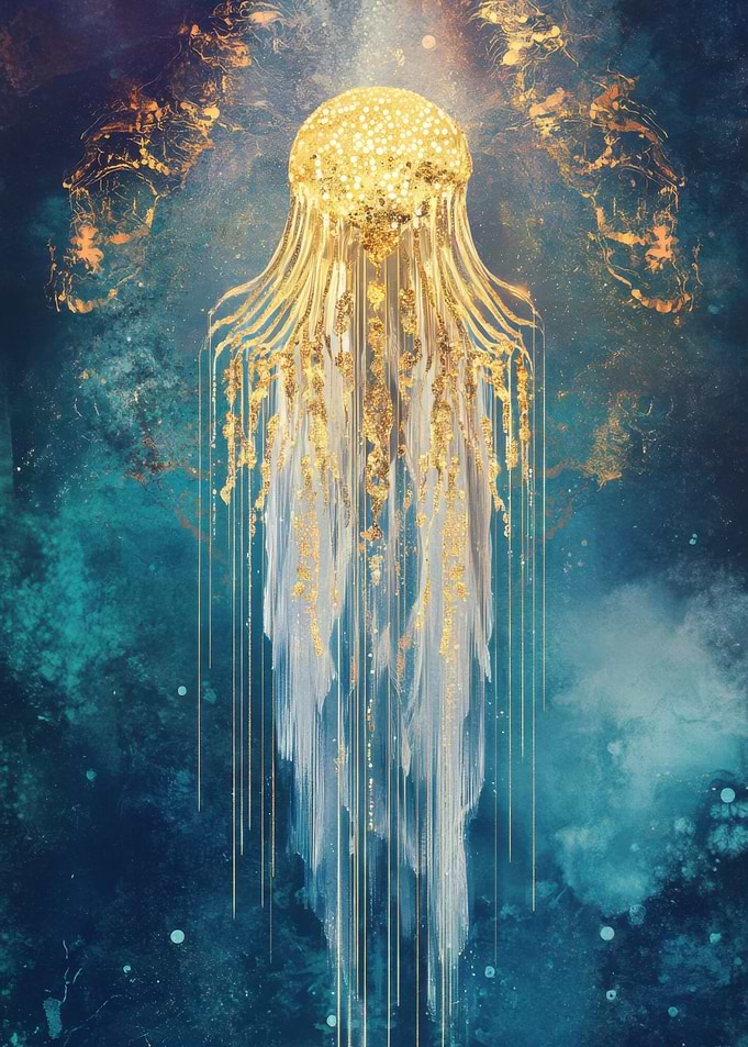Elegant Golden Jellyfish in a Mystical Deep Sea