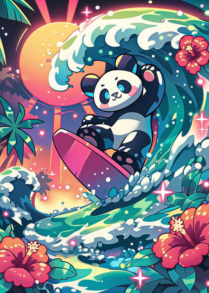Panda Surfing Sunset