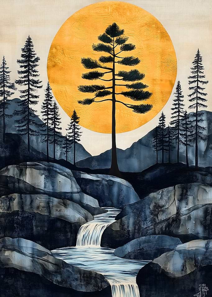 Golden Sunset Waterfall Japanese Landscape