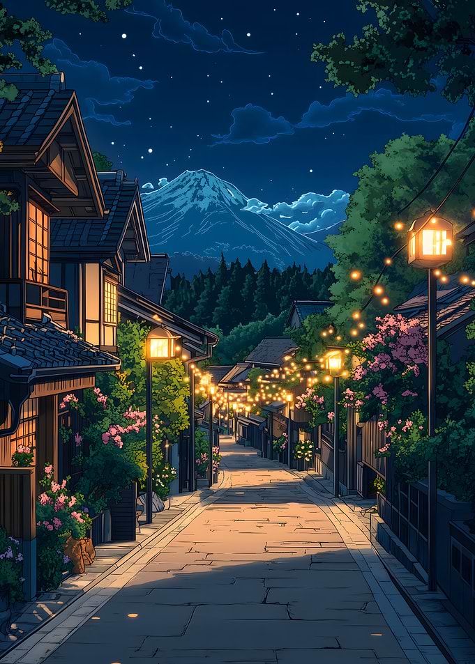 Mount Fuji Night Street in Japan