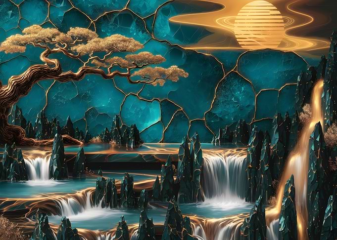 Golden Waterfall Landscape