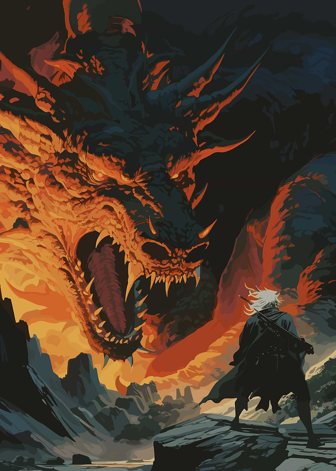 Dark Fantasy Dragon and Warrior