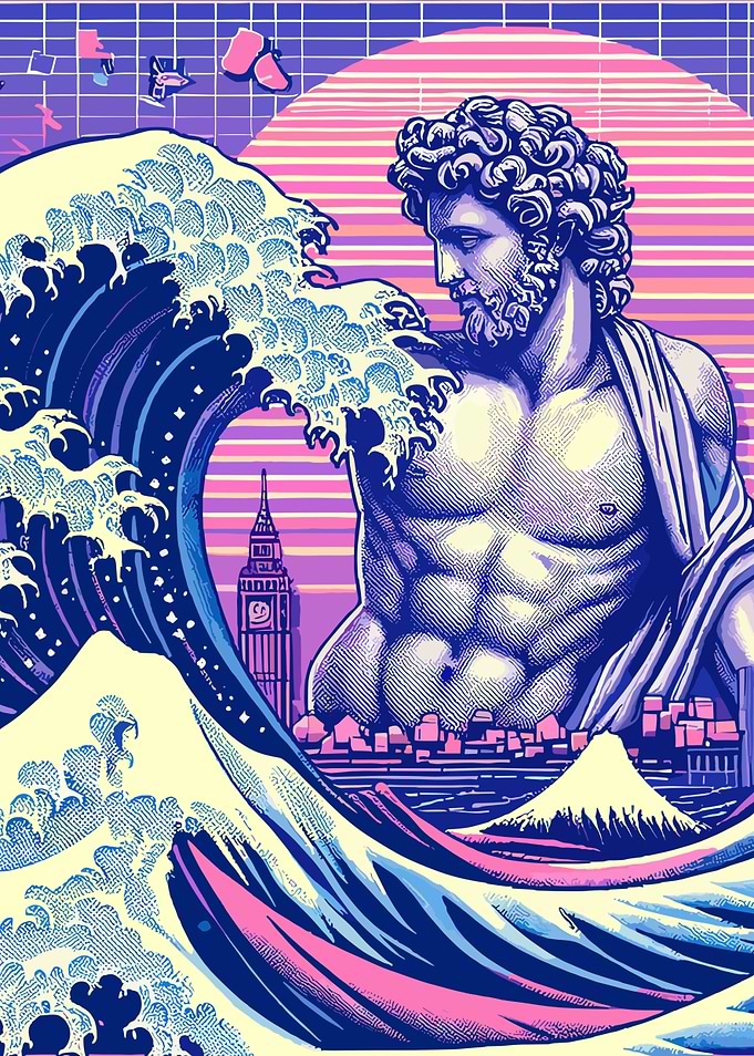 The Great Wave Vaporwave Statue