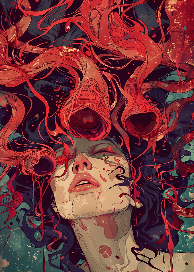 Surreal Woman with Red Tendrils