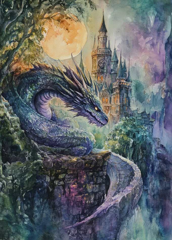 Dragon and Castle Watercolor