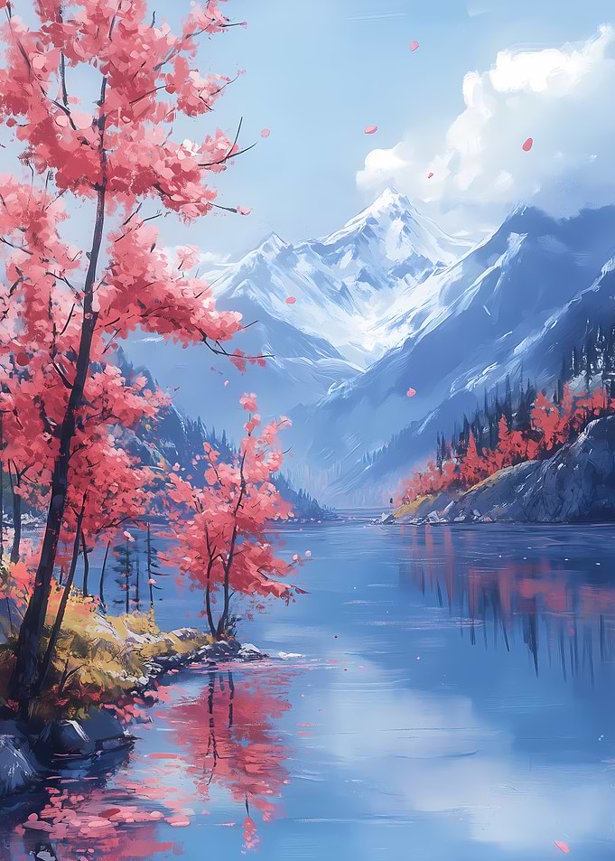 Mountain Lake with Cherry Blossoms Japanese Landscape