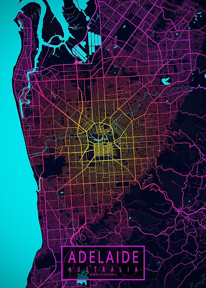 Adelaide City Map Australia Neon