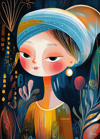 Naive Abstract Girl with a Pearl Modern Art Twist