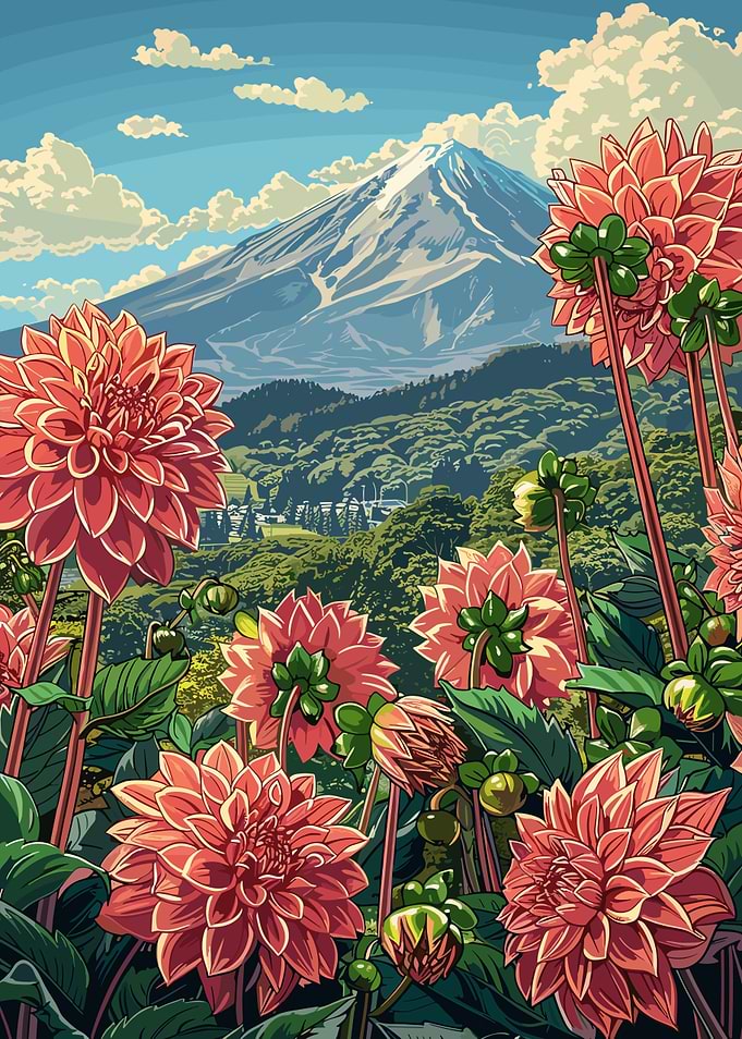 Mount Fuji & Dahlias