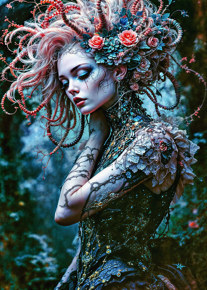 Ethereal Portrait of a Woman in Lavish Floral and Lace Attire