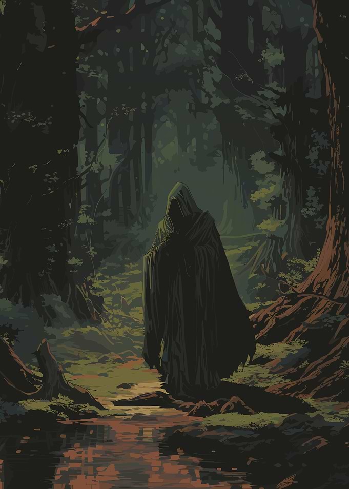 Dark Fantasy Hooded Man in Forest
