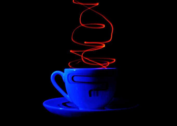 Blue Cup with Red Light Trails