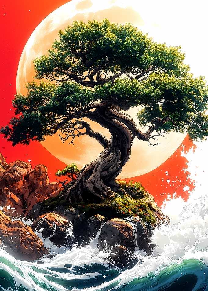 Bonsai Tree Under Red Moon Japanese Landscape