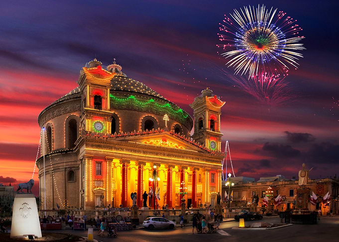 Mosta Dome church at sunset with fireworks - Cityscape photo