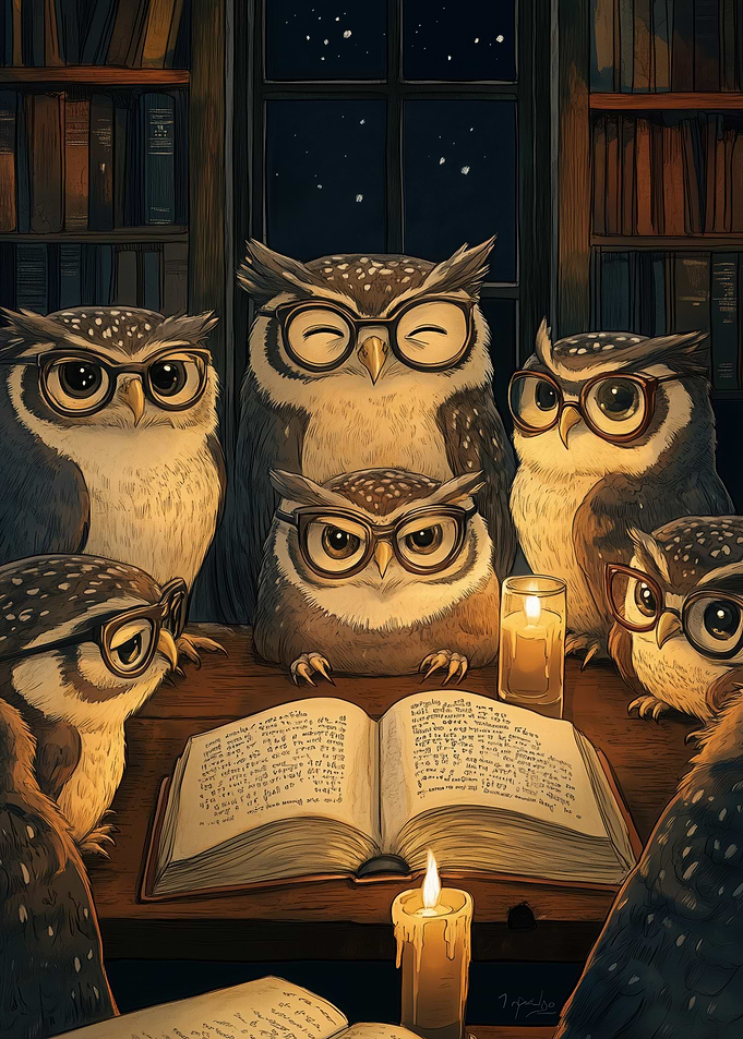 Owls Reading by Candlelight