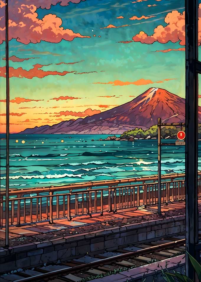 Landscape Fuji Japanese Seaside Sunset digital paint