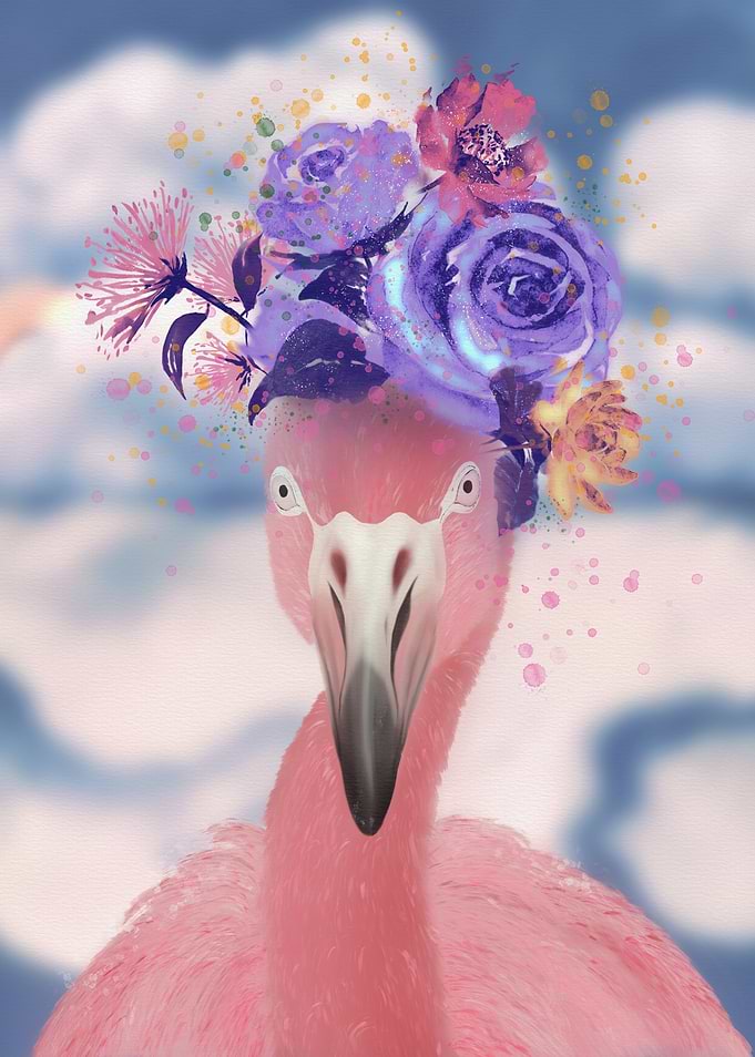 Pink Flamingo with Floral Crown