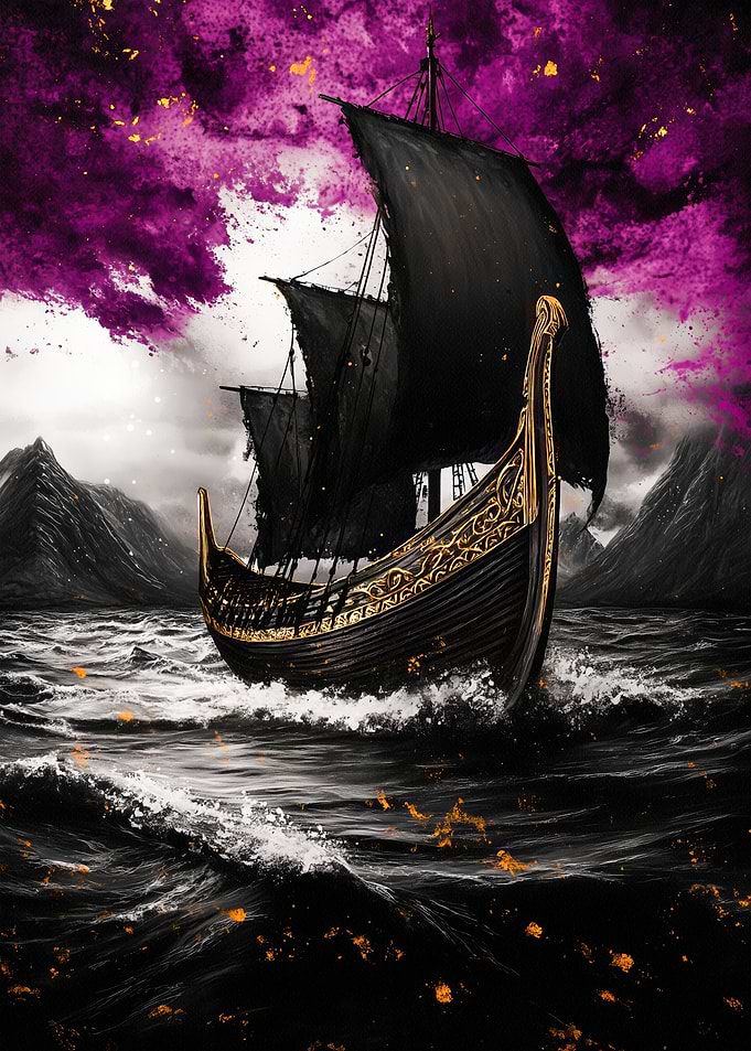 Black Viking Ship on Stormy Sea