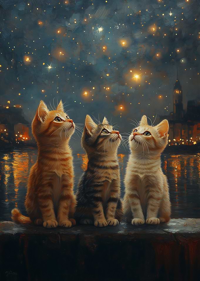Three Kittens Gazing at Stars