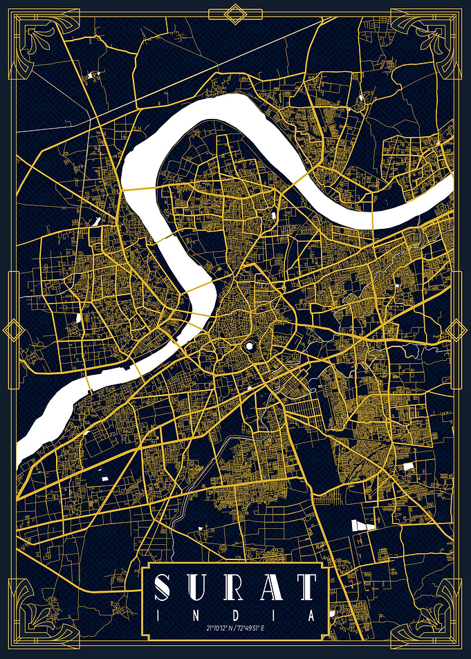Surat City Map India Gold Art Deco