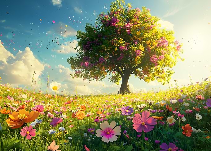 Spring Meadow with Tree