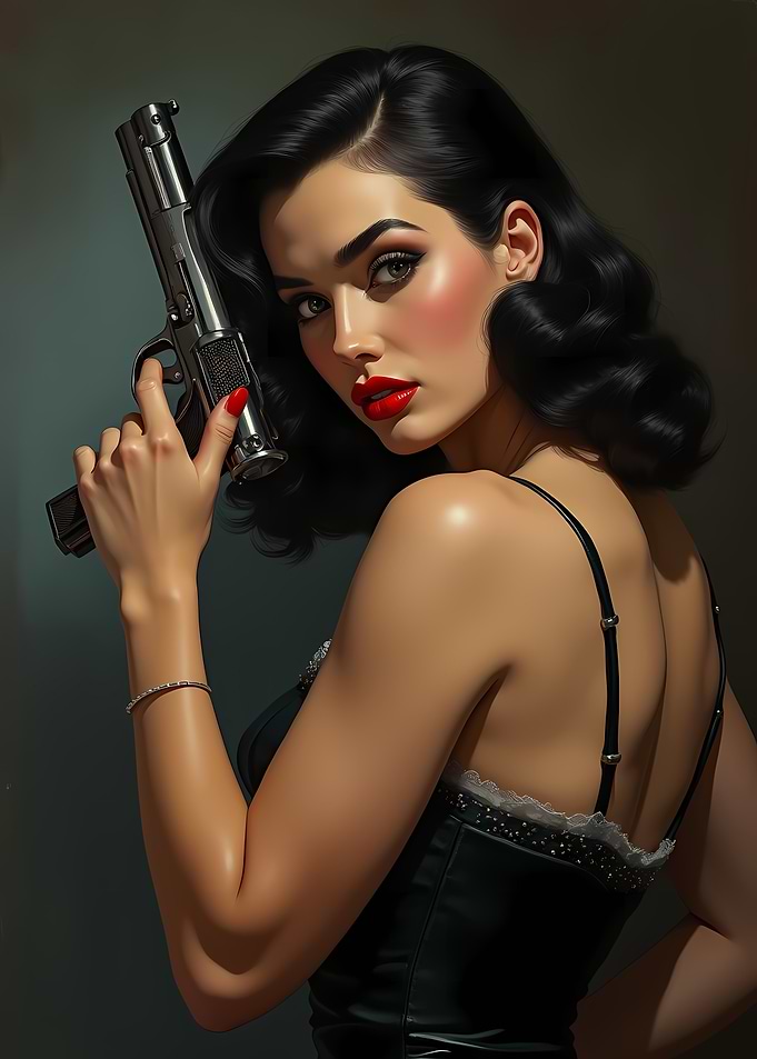Brunette Femme Fatale with Gun Pinup Pulp Art
