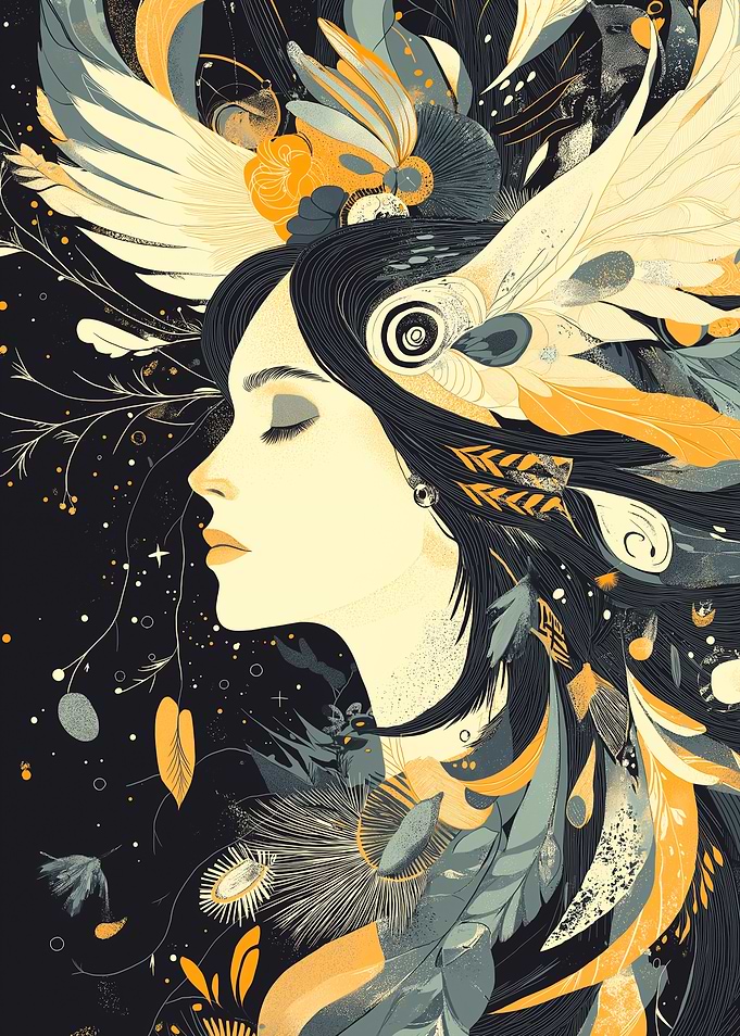Woman with Feathers and Flowers