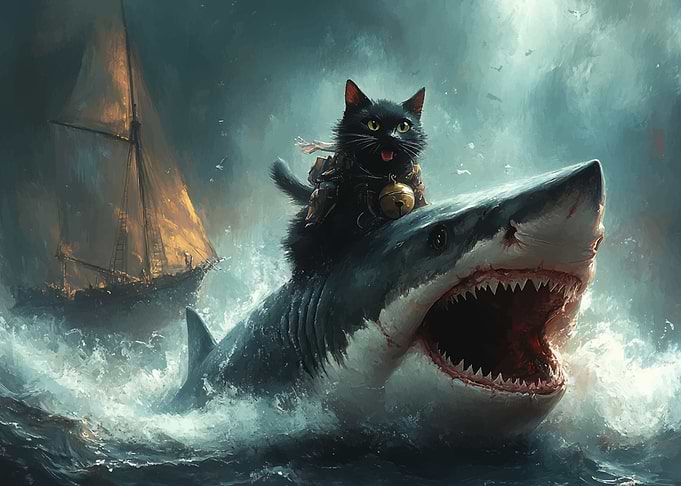 Black Cat Riding Shark Funny