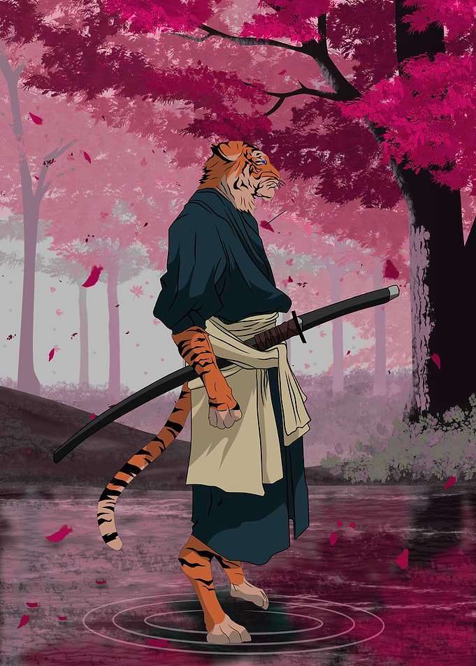 Tiger Samurai in Cherry Blossoms