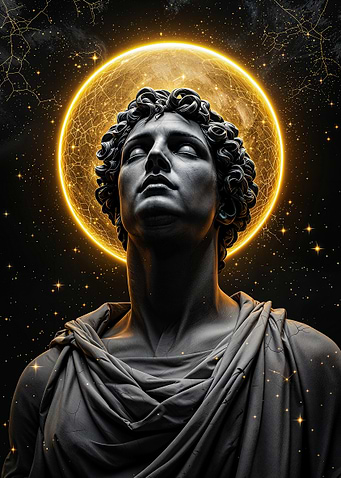 Stone Head Ancient Sculpture With Stars And A Golden Halo