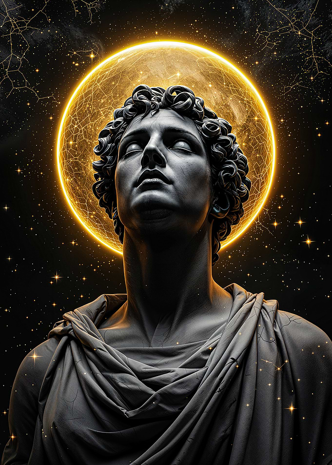 Stone Head Ancient Sculpture With Stars And A Golden Halo