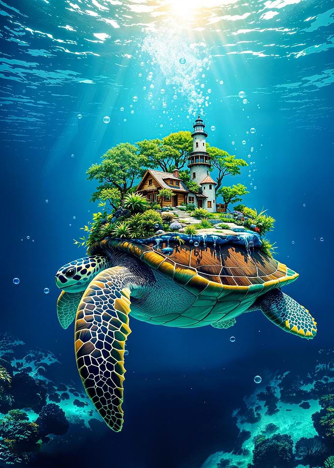 Sea Turtle Carrying a Island on Its Shell Underwater World