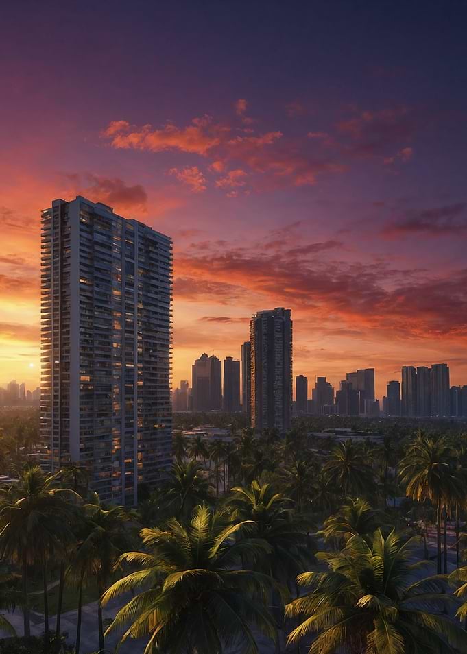 Sunset Cityscape with Palm Trees