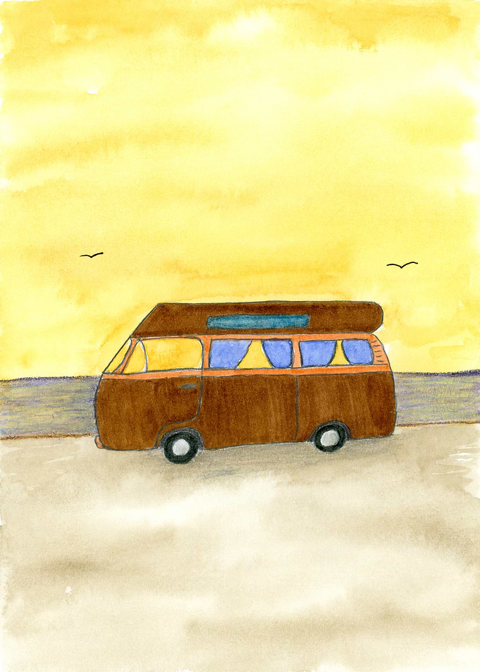 Wander, Vintage Camper Van Sunset Watercolor