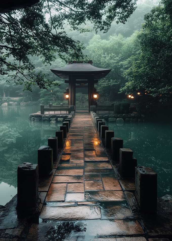 Stone Bridge in Foggy Forest