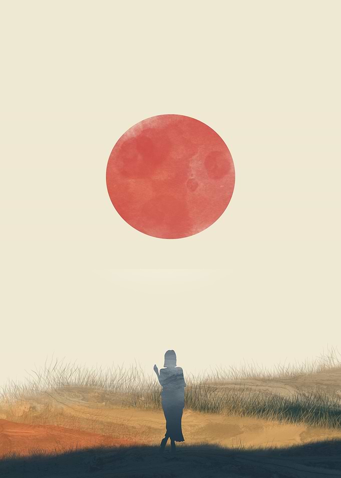 Silhouette Under Red Moon