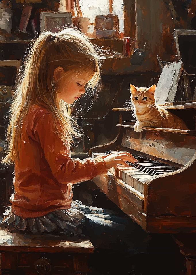 Girl Playing Piano with Cat