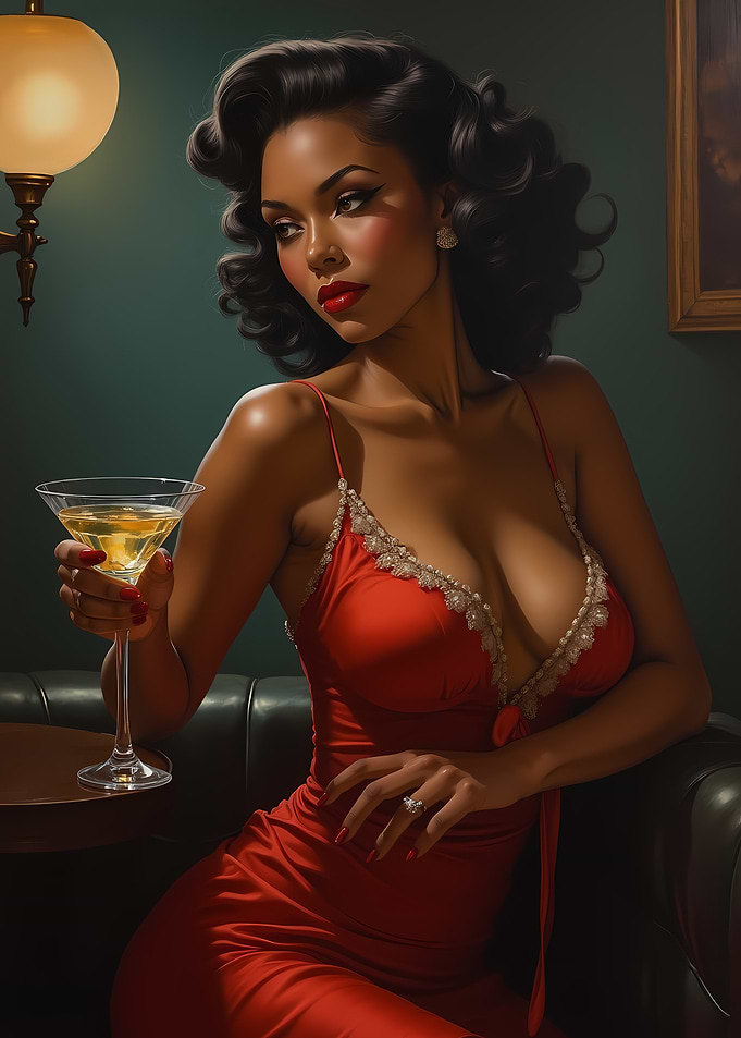 Femme Fatale in Red Dress Having A Drink Pulp Art