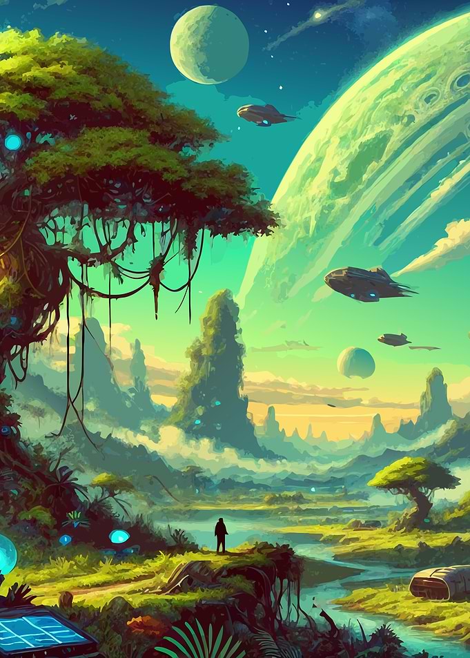 Solarpunk Alien Landscape with Spaceships