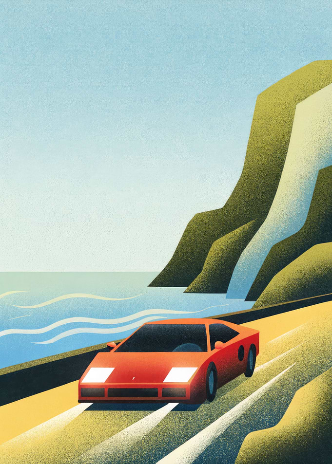 Red Sports Car by the Sea