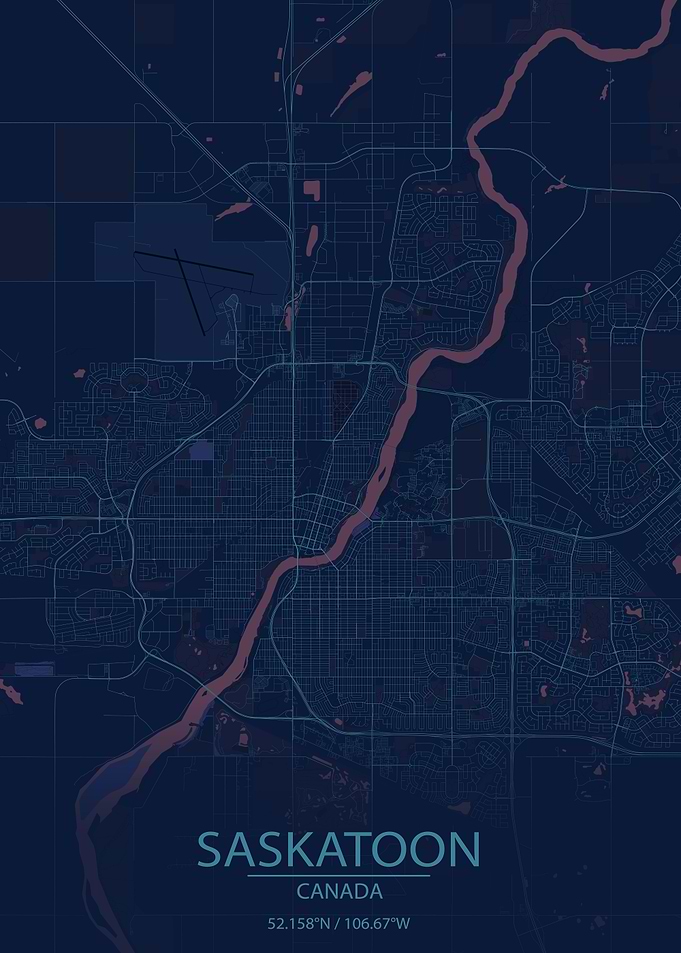 Saskatoon Canada Blue and Purple City Map