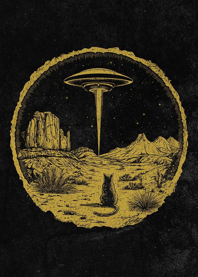 Cat & UFO - Mystical Cat Watching UFO - Desert Night Scene Design