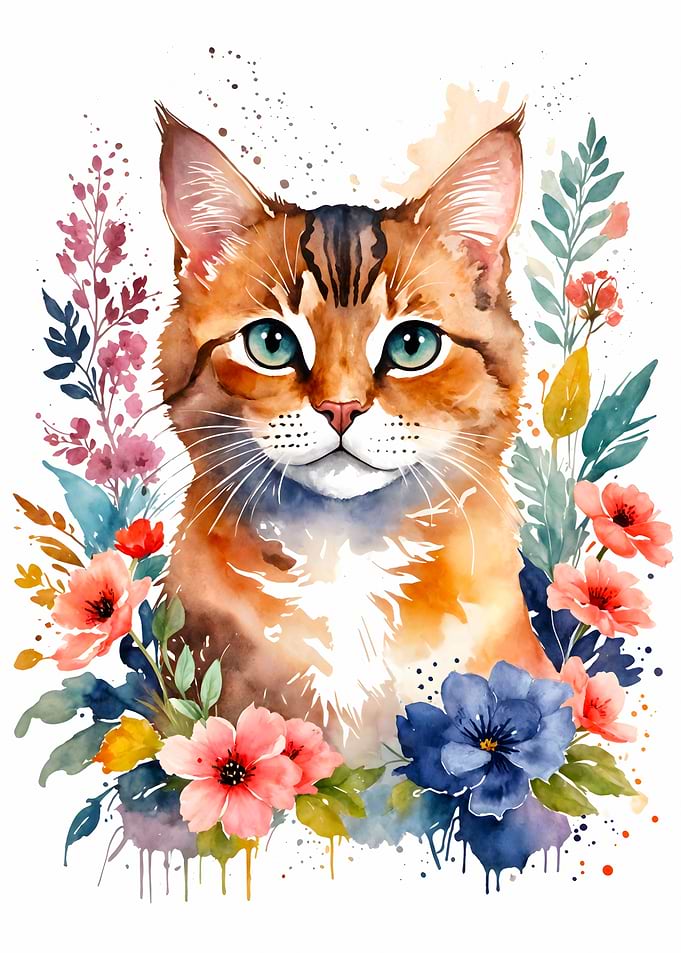 Cat Watercolor Flowers