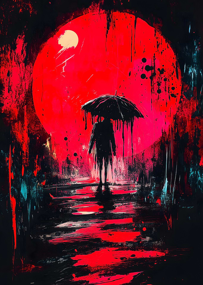 Silhouette Under Red Moon